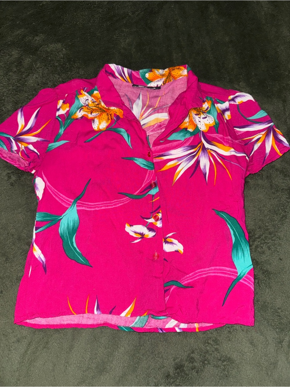 Fuchsia Floral Short-Sleeve Button Front Blouse